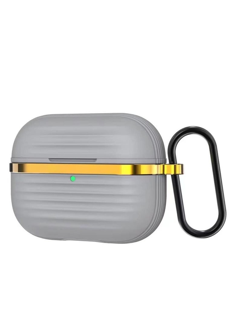 غطاء حماية سيليكون مع معدن ذهبي وتصميم مضلع لسماعات AirPods Pro مع خطاف تثبيت مضاد للخدش ومضاد للانزلاق رمادي/ذهبي - Image 1