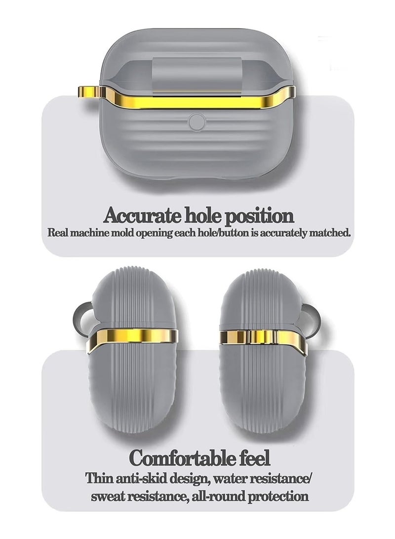 غطاء حماية سيليكون مع معدن ذهبي وتصميم مضلع لسماعات AirPods Pro مع خطاف تثبيت مضاد للخدش ومضاد للانزلاق رمادي/ذهبي - Image 4