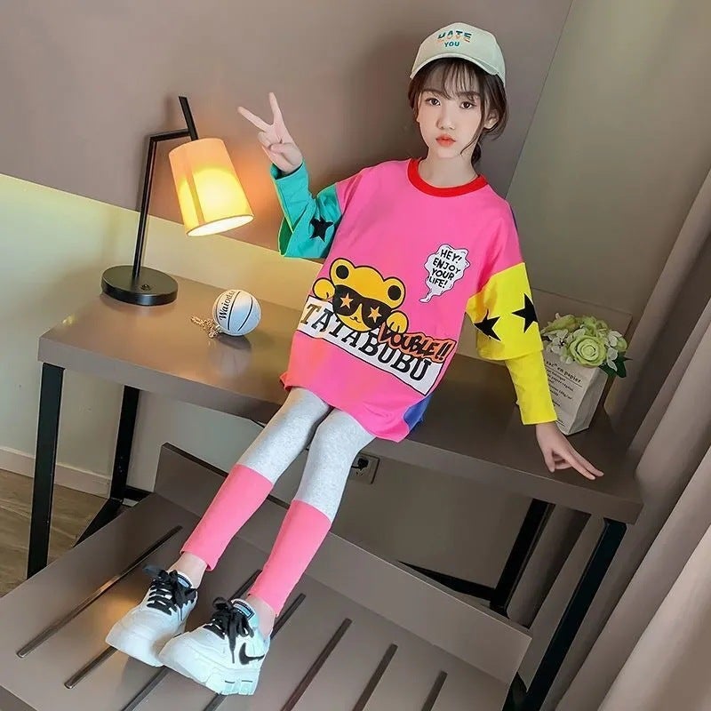 Girls T-Shirt Skirt Spring and Autumn New Arrival Skirt Korean Style Middle and High School Students Sportswear Childrens Casual Sweater Skirt Pink 