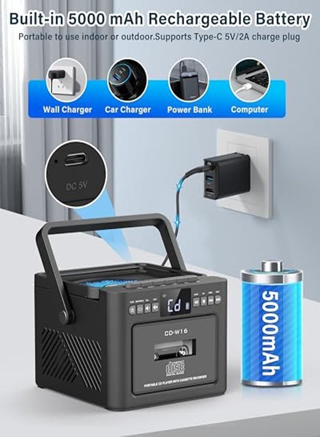 ASIV Portable FM/AM/SW Radio and Music Player, Equipped with USB/SD/BT, High-Quality Tape and CD Player with Low Noise, Built-in Rechargeable Battery and Lightweight Design, Black - Image 3