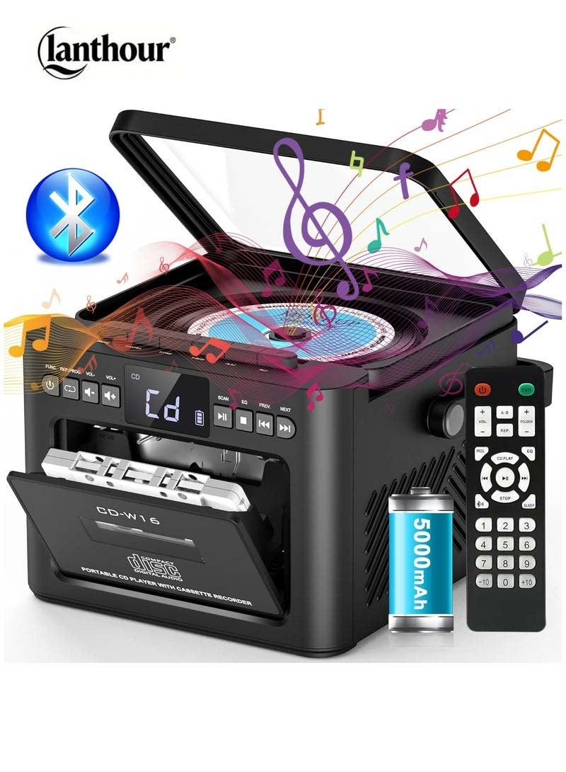 lanthour Portable Radio AM/FM Dual Band Cassette CD Player Bluetooth 5.1 Speaker with Remote Control + Sleep Mode Stereo Black Multifunctional Audio-Visual Electronics - Image 1