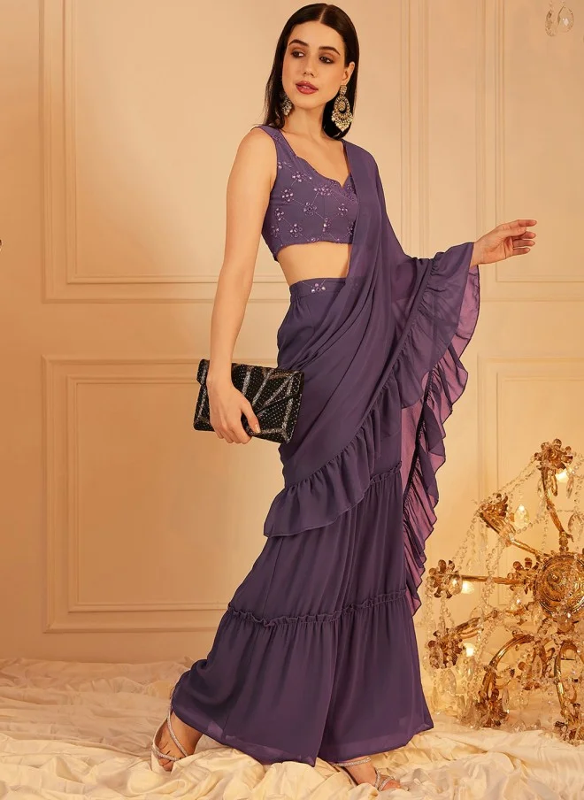 Indo Street Lavender Embellished Crop Top & Palazzos Set for Women