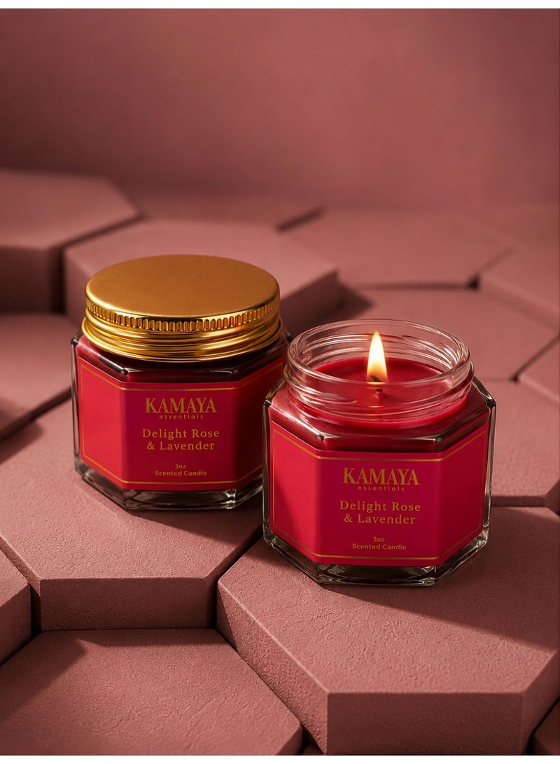 KAMAYA Iris Collection Roe & Lavender Scented candle with 1 wick | 95 gms with long lasting rose and lavender fragrance | Clear jar with gold lid - Image 1