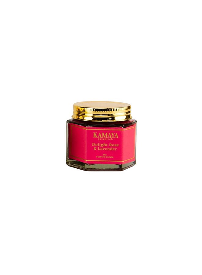 KAMAYA Iris Collection Roe & Lavender Scented candle with 1 wick | 95 gms with long lasting rose and lavender fragrance | Clear jar with gold lid - Image 2