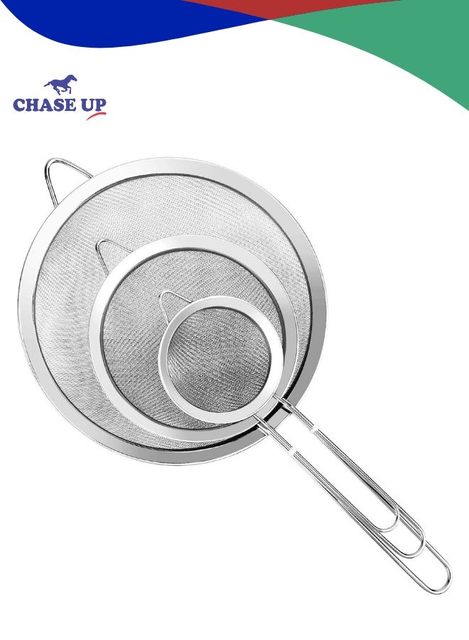 تشيس اب 3 قطع من مصافي شبكية فائقة الدقة مع مقبض، مجموعة مصافي معدنية صغيرة ومتوسطة وكبيرة الحجم، مصافي شبكية دقيقة من الفولاذ المقاوم للصدأ للمطبخ والأرز وعصير الكينوا والطعام والدقيق والخبز - Image 1