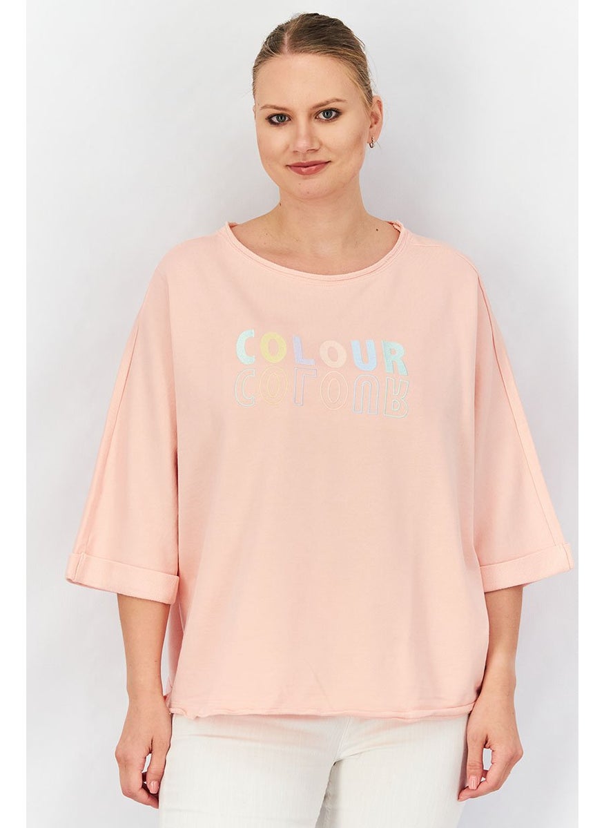 Tchibo Women Round Neck Embroidered Sweatshirt, Pink Combo  - Image 1