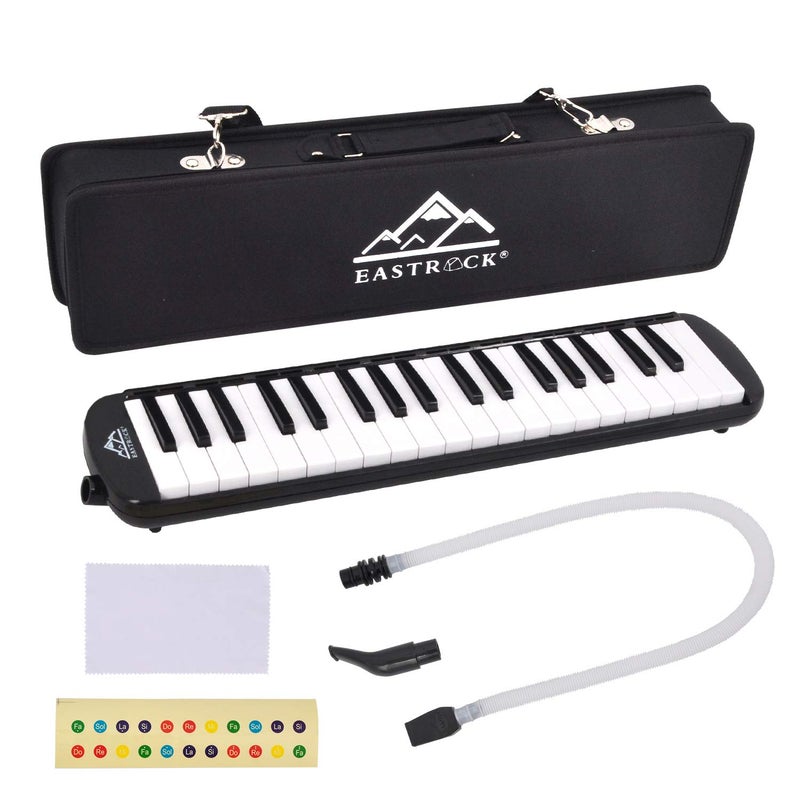EastRock 37 Key Melodica Instrument Air Piano Keyboard Soprano style Pianica with Mouthpiece Tube Sets and Carrying Bag Black