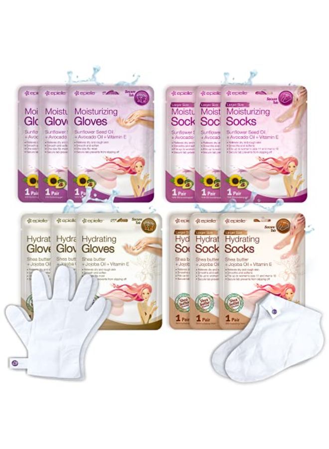 Epielle Hydrating & Moisturizing Gloves & Socks Masks Combo 12Pk For Hand And Foot - Dry Hand, Dry Cracked Heel | Coconut Oil, Milk Extract, Hyaluronic Acid, Sunflower Seed Oil, Avocado Oil, Vitamin E  - Image 1