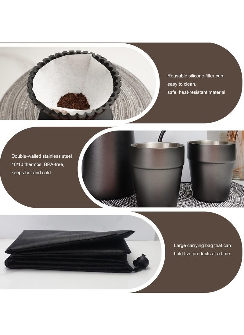 6-In-1 Pour Over Coffee Maker Set With Storage Case,Travel/Camping Coffee Set,Perfect for Coffee Lovers,Beginners to brewing coffee,Best Gift, Black, 600ml