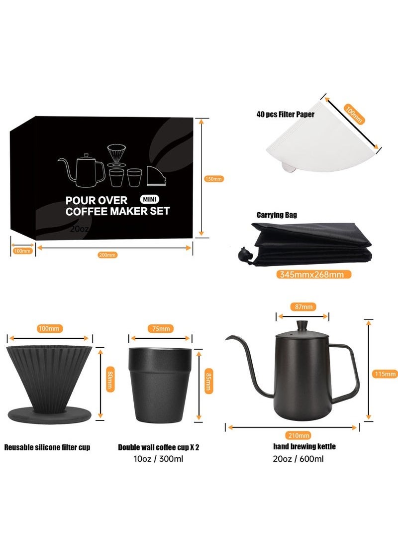 6-In-1 Pour Over Coffee Maker Set With Storage Case,Travel/Camping Coffee Set,Perfect for Coffee Lovers,Beginners to brewing coffee,Best Gift, Black, 600ml