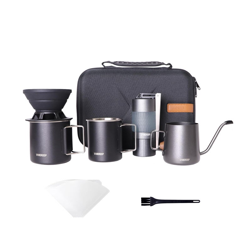 Vandroop Vandroop Pour Over Coffee Maker Set ALL in 1 Portable Set Manual Coffee Grinder with Stainless Steel Conical Burr Collapsible Silicone Coffee Dripper Set Coffee Gooseneck Kettle