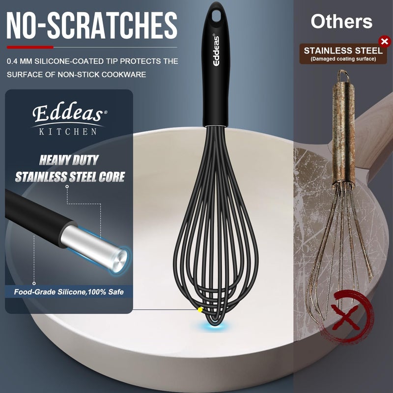 Eddeas Silicone Whisk - Non Scratch Whisks for Cooking, 500°F Heat Resistant Siliocne Wisk tool, Heavy Duty Kitchen Whisks, for Blending, Beating, set of 4 (5+7+9+11 inch) Black - Image 2