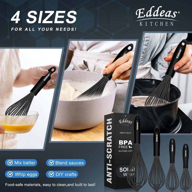 Eddeas Silicone Whisk - Non Scratch Whisks for Cooking, 500°F Heat Resistant Siliocne Wisk tool, Heavy Duty Kitchen Whisks, for Blending, Beating, set of 4 (5+7+9+11 inch) Black - Image 5