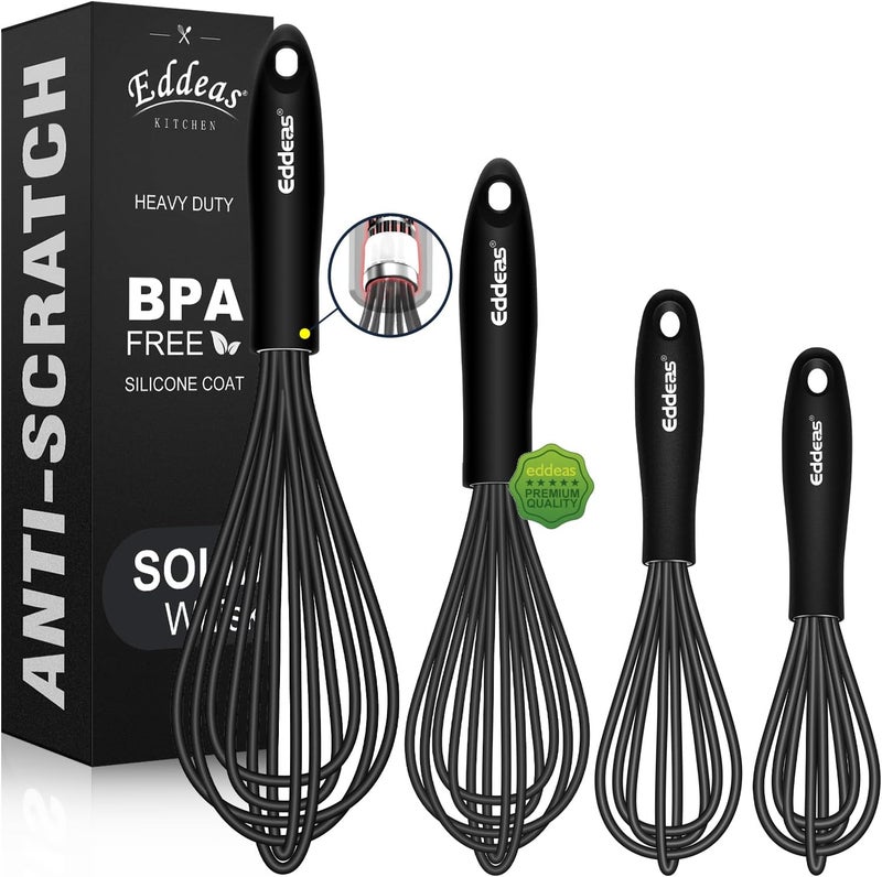 Eddeas Silicone Whisk - Non Scratch Whisks for Cooking, 500°F Heat Resistant Siliocne Wisk tool, Heavy Duty Kitchen Whisks, for Blending, Beating, set of 4 (5+7+9+11 inch) Black - Image 1
