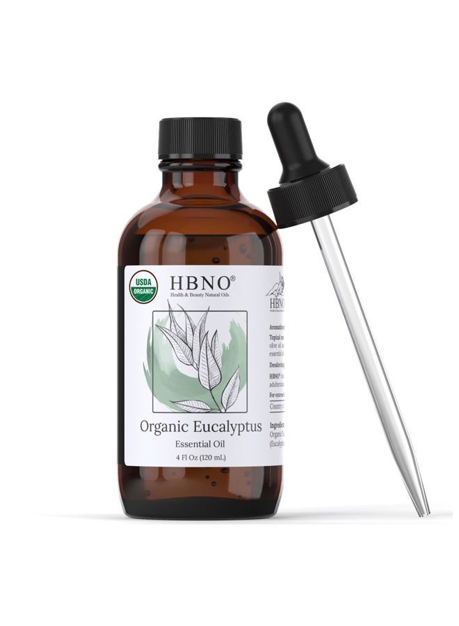 hbno California Bottled Organic Eucalyptus Essential Oil (Globulus) - 4 fl oz (120ml) - USDA Certified Organic - Ideal for Diffuser, Hair, Face, Skin Care, Aromatherapy, Scalp & Body Massage - Image 1