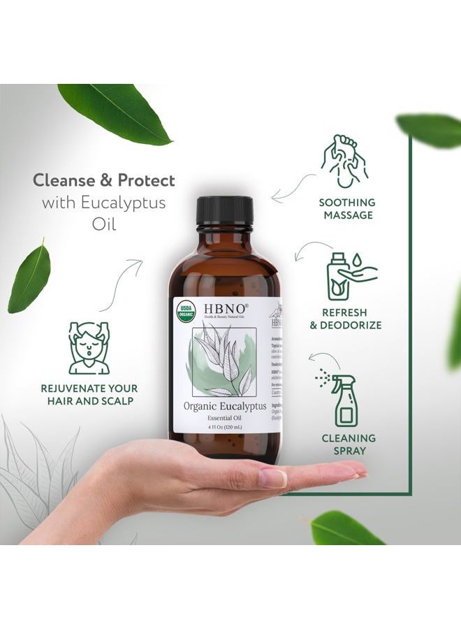 hbno California Bottled Organic Eucalyptus Essential Oil (Globulus) - 4 fl oz (120ml) - USDA Certified Organic - Ideal for Diffuser, Hair, Face, Skin Care, Aromatherapy, Scalp & Body Massage - Image 2