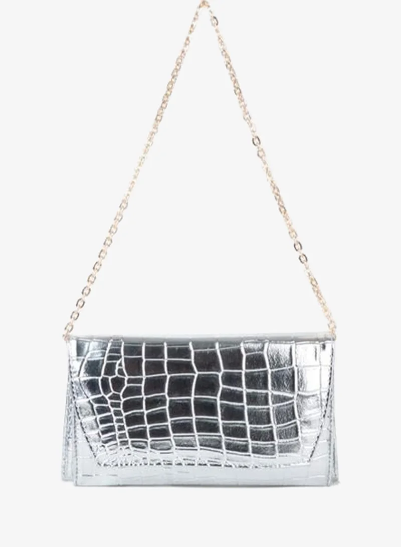 Women's Croco Silver Envelope Design 2-Compartment Mini Chain Strap Snap Closure Clutch and Handbag.