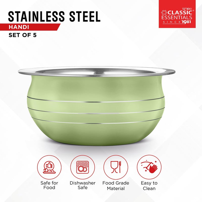 Classic Essentials طقم طهي وتقديم هاندي من الفولاذ المقاوم للصدأ الكلاسيكي | مجموعة أواني الطهي ذات القاع الحثي | 300 مل، 550 مل، 750 مل، 1100 مل، 1500 مل (أخضر فاتح) - Image 2