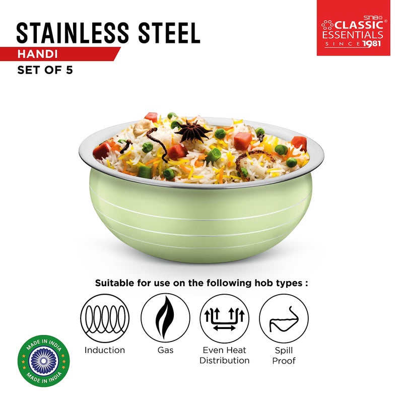 Classic Essentials طقم طهي وتقديم هاندي من الفولاذ المقاوم للصدأ الكلاسيكي | مجموعة أواني الطهي ذات القاع الحثي | 300 مل، 550 مل، 750 مل، 1100 مل، 1500 مل (أخضر فاتح) - Image 3