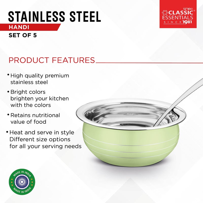 Classic Essentials طقم طهي وتقديم هاندي من الفولاذ المقاوم للصدأ الكلاسيكي | مجموعة أواني الطهي ذات القاع الحثي | 300 مل، 550 مل، 750 مل، 1100 مل، 1500 مل (أخضر فاتح) - Image 4