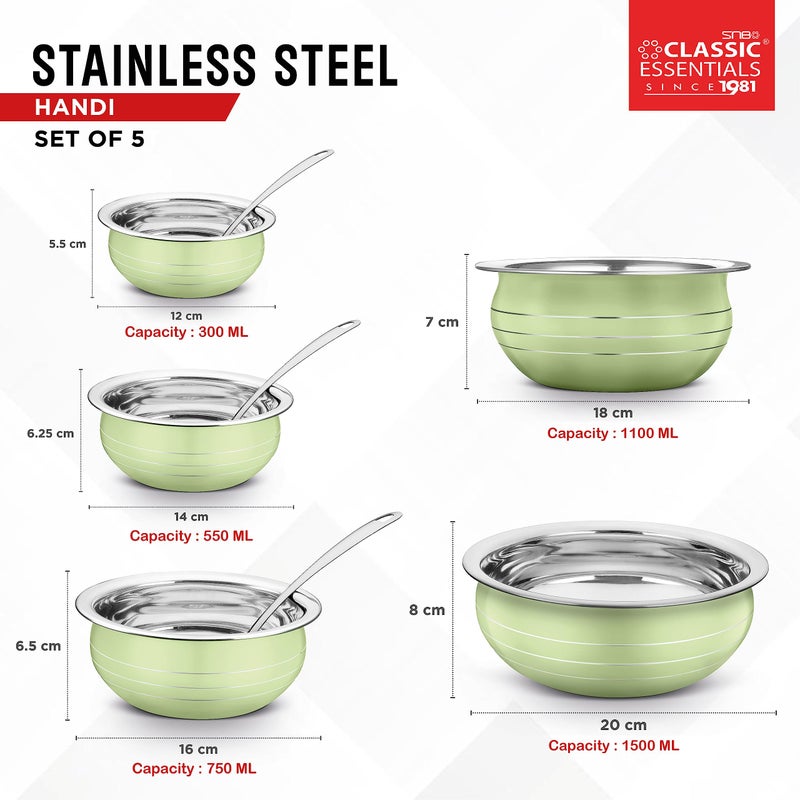 Classic Essentials طقم طهي وتقديم هاندي من الفولاذ المقاوم للصدأ الكلاسيكي | مجموعة أواني الطهي ذات القاع الحثي | 300 مل، 550 مل، 750 مل، 1100 مل، 1500 مل (أخضر فاتح) - Image 5