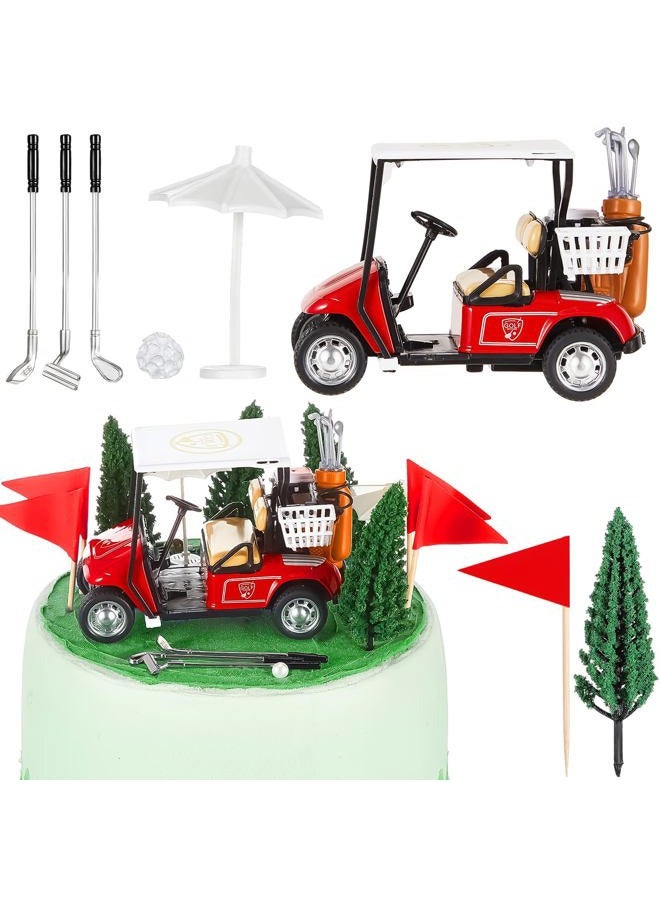 Leitee 21 Pcs Golf Cake Topper Golf Cake Decoration Golf Cupcake Topper Include Mini Golf Cart Toy Red Flag Golf Ball Green Tree Golf Club Sun Umbrella for Golf Themed Birthday (Red,Classic) - Image 1