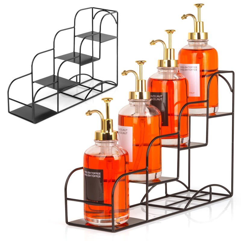 Syrup Rack for Coffee Bar Accessories Iron 4 Compartment Bottle Organizer Countertop Display Storage Shelf Bottle Stand Metal Coffee Bar Organizer for Wine Kitchen Holds 4 Bottles