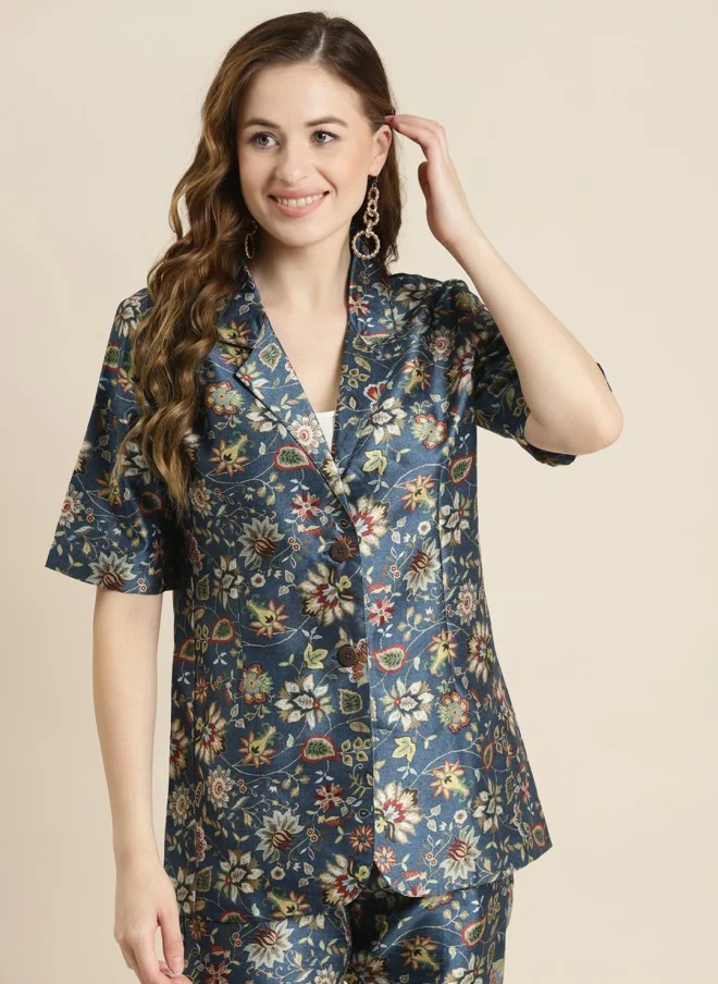 ساسافراس Navy Blue Floral Printed Blazer for Women