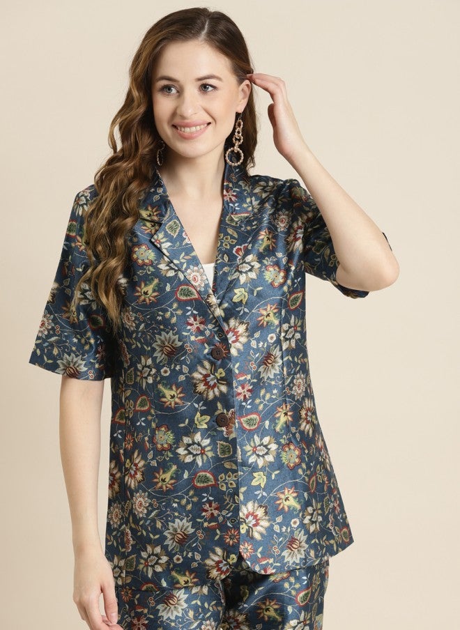 SASSAFRAS Navy Blue Floral Printed Blazer for Women - Image 1