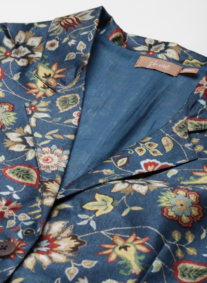 SASSAFRAS Navy Blue Floral Printed Blazer for Women - Image 2