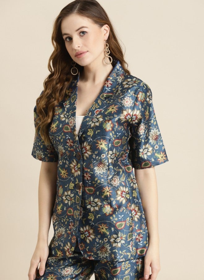 SASSAFRAS Navy Blue Floral Printed Blazer for Women - Image 3