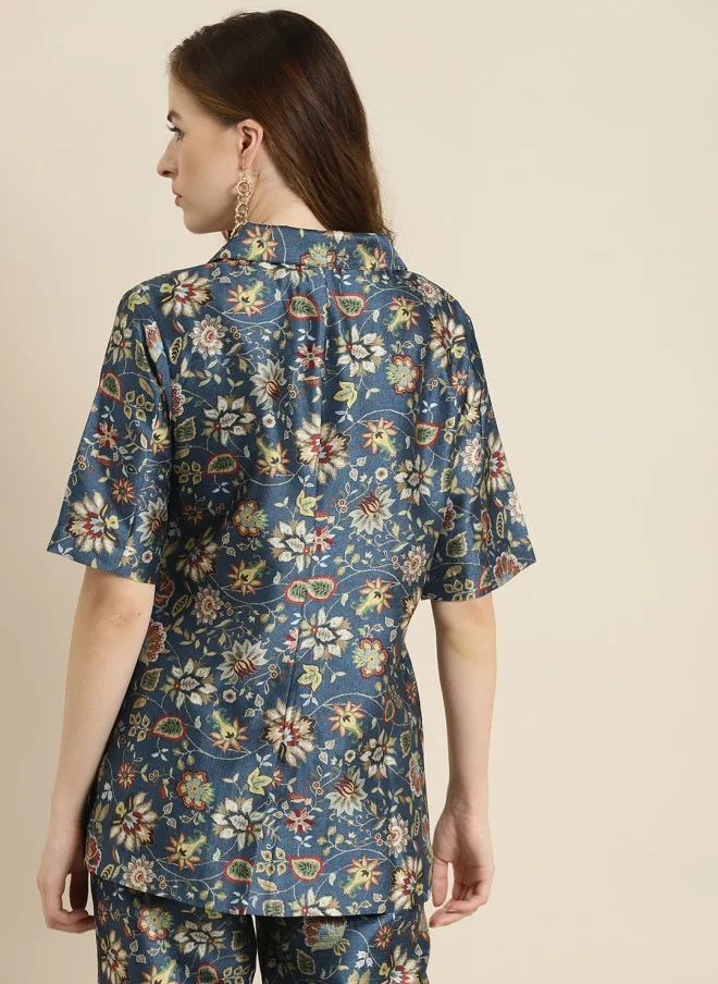 ساسافراس Navy Blue Floral Printed Blazer for Women