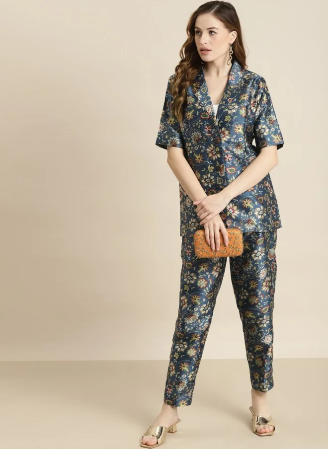 ساسافراس Navy Blue Floral Printed Blazer for Women