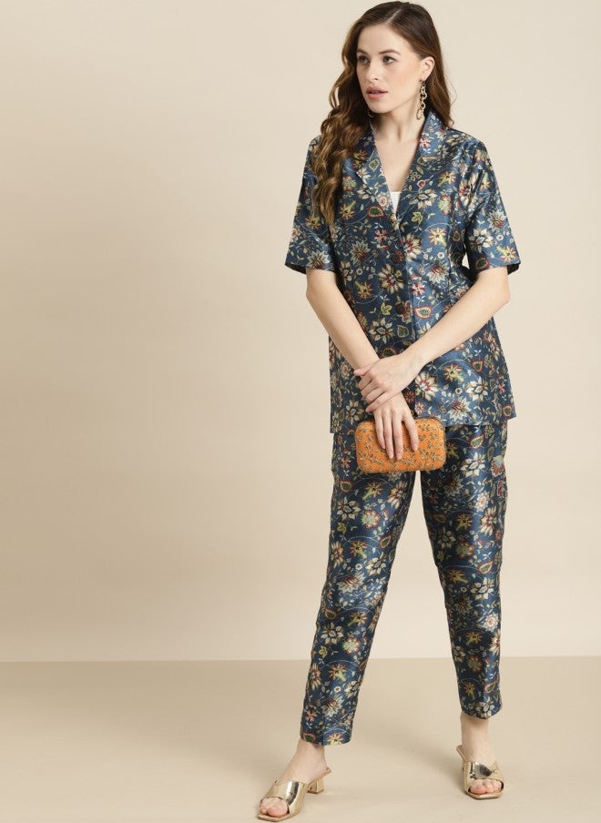 SASSAFRAS Navy Blue Floral Printed Blazer for Women - Image 5