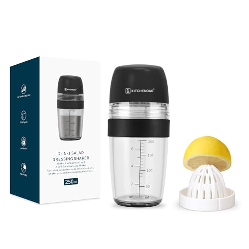 KITCHENDAO 2 in 1 Salad Dressing Shaker Container with Juicer, Pour Spout, LeakprooF, Soft Grip, Dishwasher Safe, Homemade Oil and Vinegar Salad Dressing Bottle Mixer Dispenser, BPA Free 1 Cup, Black - Image 1