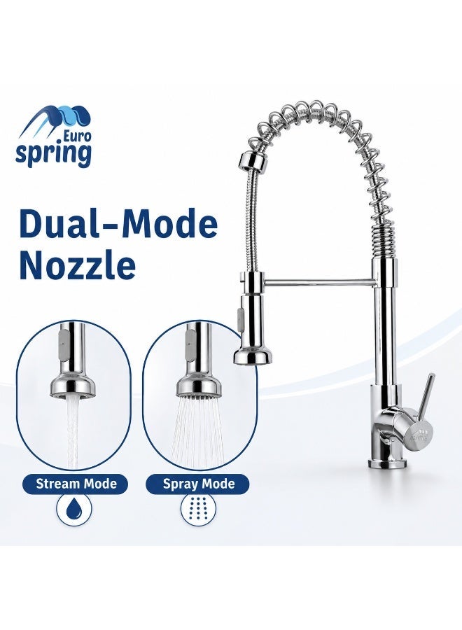 Euro Spring Kitchen Mixer Tap with Pull-Down Sprayer – High-Arch Spring Neck, Dual-Mode Nozzle & Single Handle Control | Chrome Finish Sink Faucet - Image 2