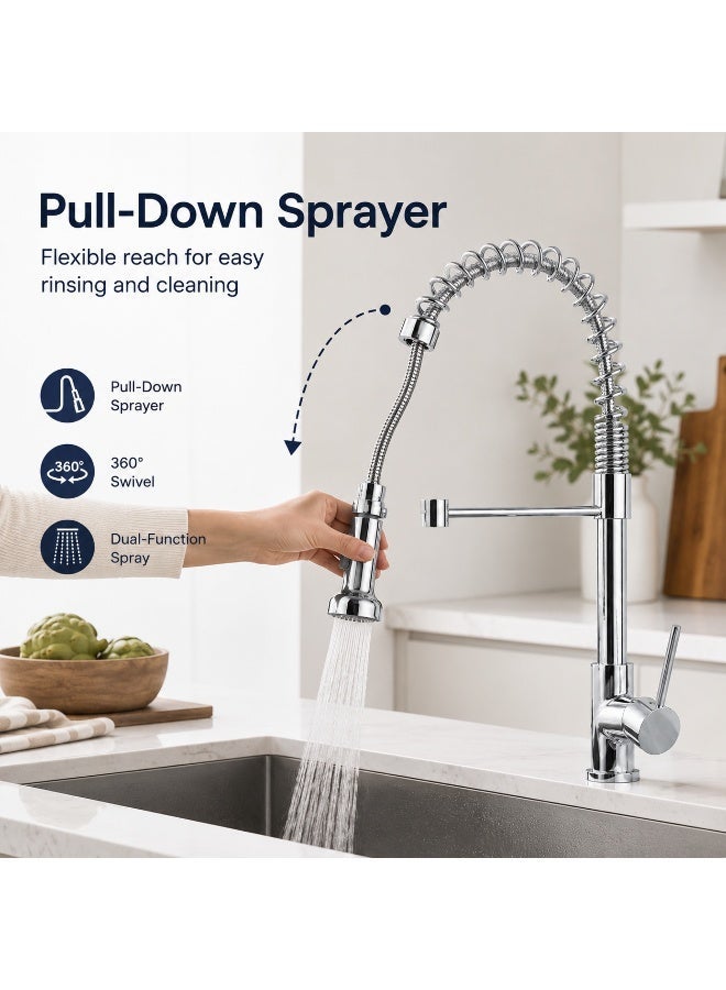 Euro Spring Kitchen Mixer Tap with Pull-Down Sprayer – High-Arch Spring Neck, Dual-Mode Nozzle & Single Handle Control | Chrome Finish Sink Faucet - Image 5