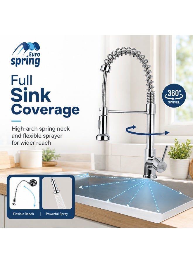 Euro Spring Kitchen Mixer Tap with Pull-Down Sprayer – High-Arch Spring Neck, Dual-Mode Nozzle & Single Handle Control | Chrome Finish Sink Faucet - Image 3