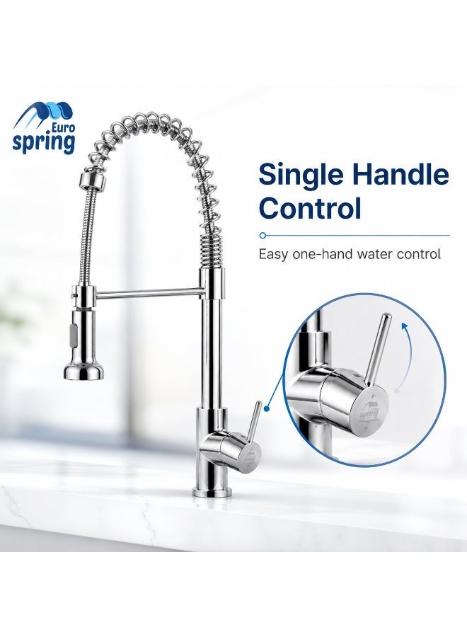 Euro Spring Kitchen Mixer Tap with Pull-Down Sprayer – High-Arch Spring Neck, Dual-Mode Nozzle & Single Handle Control | Chrome Finish Sink Faucet - Image 4