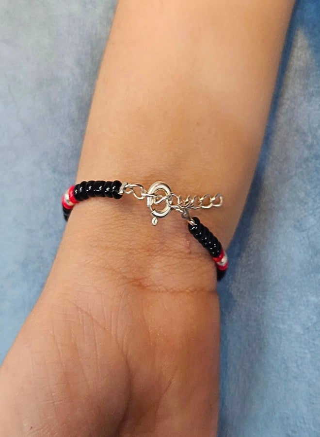 DARSHRAJ 925 Sterling Silver Baby Nazariya Bracelet | Newborn Wristband | Infant Bracelet | Baby Wrist Ornament for Boys & Girls | Wrist Jewelry for Newborn | Silver Balls with Black & Red Beads Wristlet - Image 3