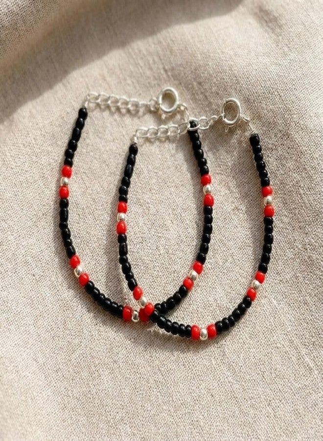DARSHRAJ 925 Sterling Silver Baby Nazariya Bracelet | Newborn Wristband | Infant Bracelet | Baby Wrist Ornament for Boys & Girls | Wrist Jewelry for Newborn | Silver Balls with Black & Red Beads Wristlet - Image 4