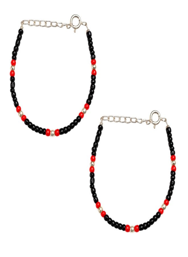 DARSHRAJ 925 Sterling Silver Baby Nazariya Bracelet | Newborn Wristband | Infant Bracelet | Baby Wrist Ornament for Boys & Girls | Wrist Jewelry for Newborn | Silver Balls with Black & Red Beads Wristlet - Image 1