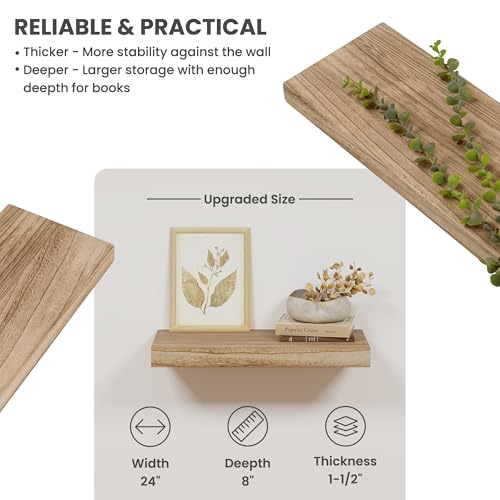 Marsmiles Solid Wood Floating Shelves for Wall 24"W x 8"D x 1.56"H Set of 2, Deep Wall Shelves for Living Room Bedroom Bathroom Kitchen Decor Storage with Invisible Heavy-Duty Metal Bracket, Carbonized Black - Image 4