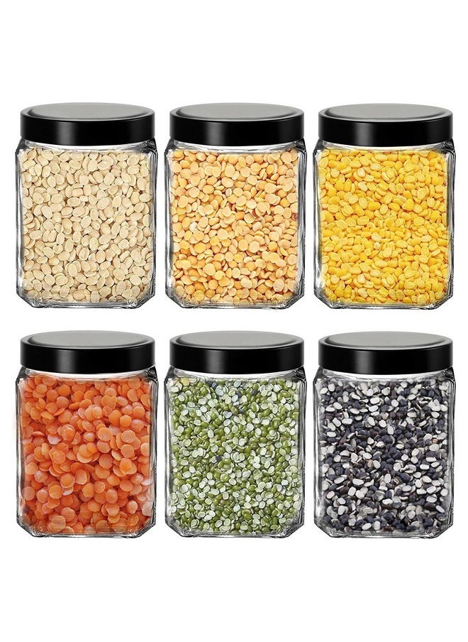 Cloudmart CLOUDMART Piramal Glass Square Clear Jars & Containers for Kitchen Pantry, Snacks, Masala, Honey, Cookies, DryFruits, Coffee Beans Storage with Black Color Plastic Lid (Cube Jar, 600ml, Set Of 6)  - Image 1