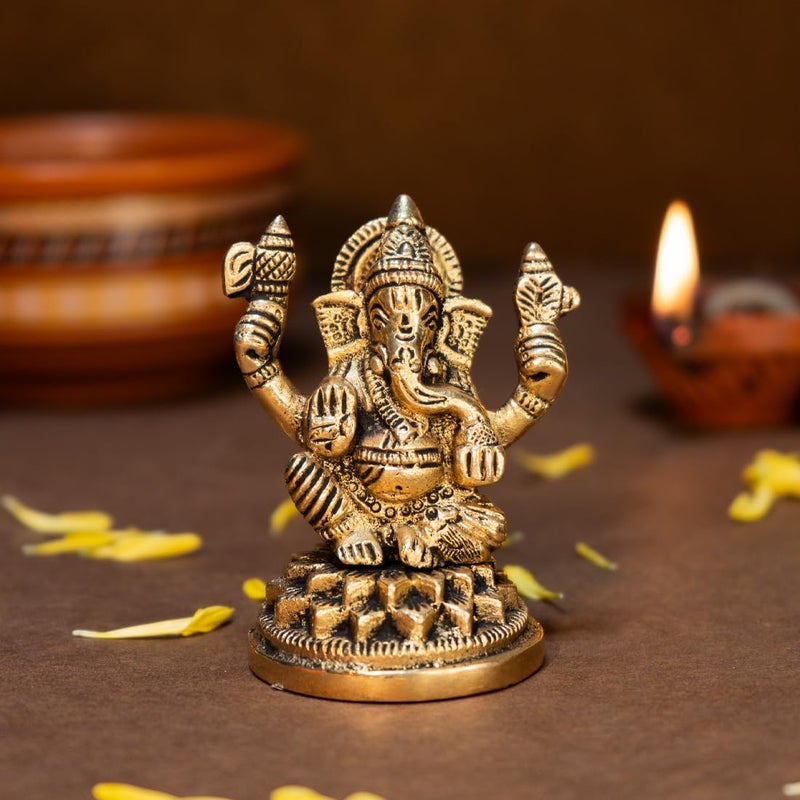 Ekhasa 100 Pure Brass Ganesha Idol Size 84 cm Pital Ganesh Murti for Pooja Room Home Decor Office Desk and Car Dashboard Vinayagar Statue for Diwali Puja - Image 1