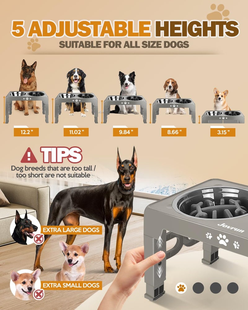 Jovrun Elevated Dog Bowls for Medium Size Dogs, Non-Slip Dog Feeder with 1*Stainless Steel Dishes & 1*Slow Feeder Bowl, 5 Heights Adjustable Raised Bowls to 3.15â€³-8.66â€³-9.84â€³-11.02â€³-12.2â€³ - Image 2