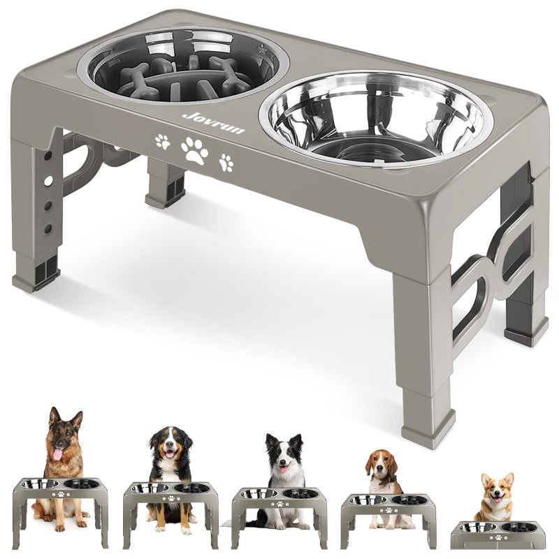 Jovrun Elevated Dog Bowls for Medium Size Dogs, Non-Slip Dog Feeder with 1*Stainless Steel Dishes & 1*Slow Feeder Bowl, 5 Heights Adjustable Raised Bowls to 3.15â€³-8.66â€³-9.84â€³-11.02â€³-12.2â€³ - Image 1