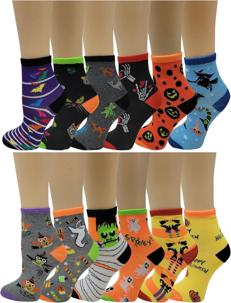 Ayla 12 Pairs Pack Kids Girls Colorful Creative Fun Novelty Design Crew Socks (6-8, Halloween) - Image 3