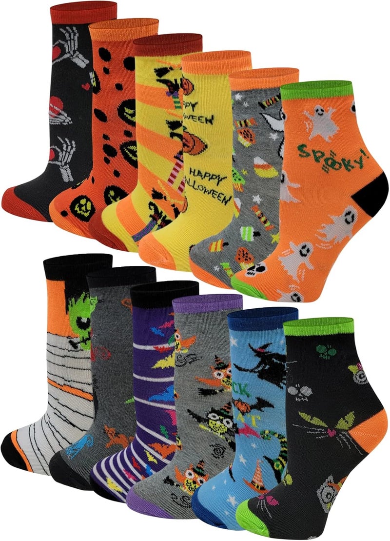 Ayla 12 Pairs Pack Kids Girls Colorful Creative Fun Novelty Design Crew Socks (6-8, Halloween) - Image 1