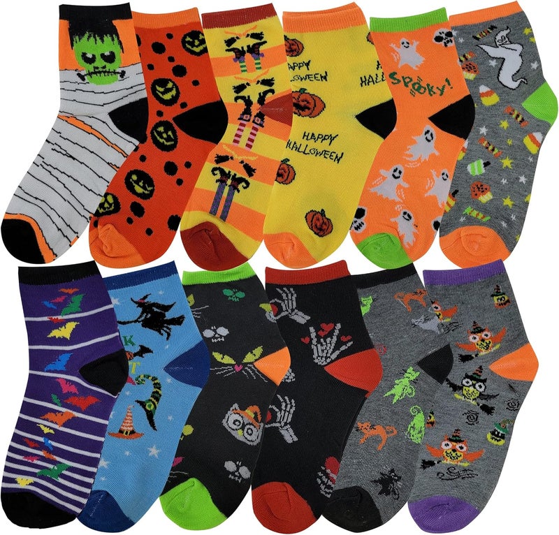 Ayla 12 Pairs Pack Kids Girls Colorful Creative Fun Novelty Design Crew Socks (6-8, Halloween) - Image 2